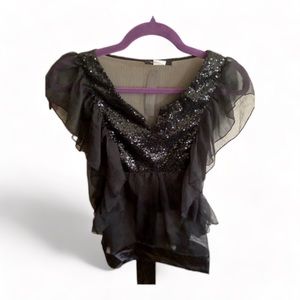 Solution Sheer & Sequin Black Tank Blouse - Satin Tie Back - Small